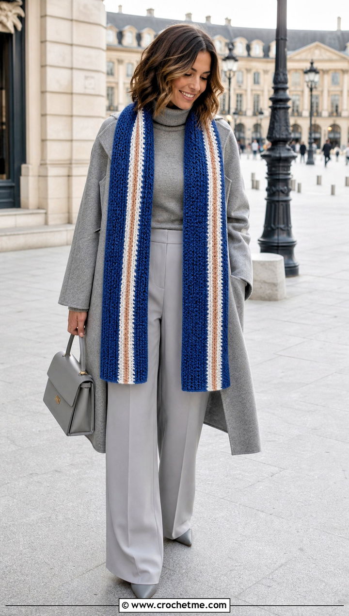 Striped Crochet Scarf With Monochrome Outfit - 25 crochet for scarfs outfit ideas