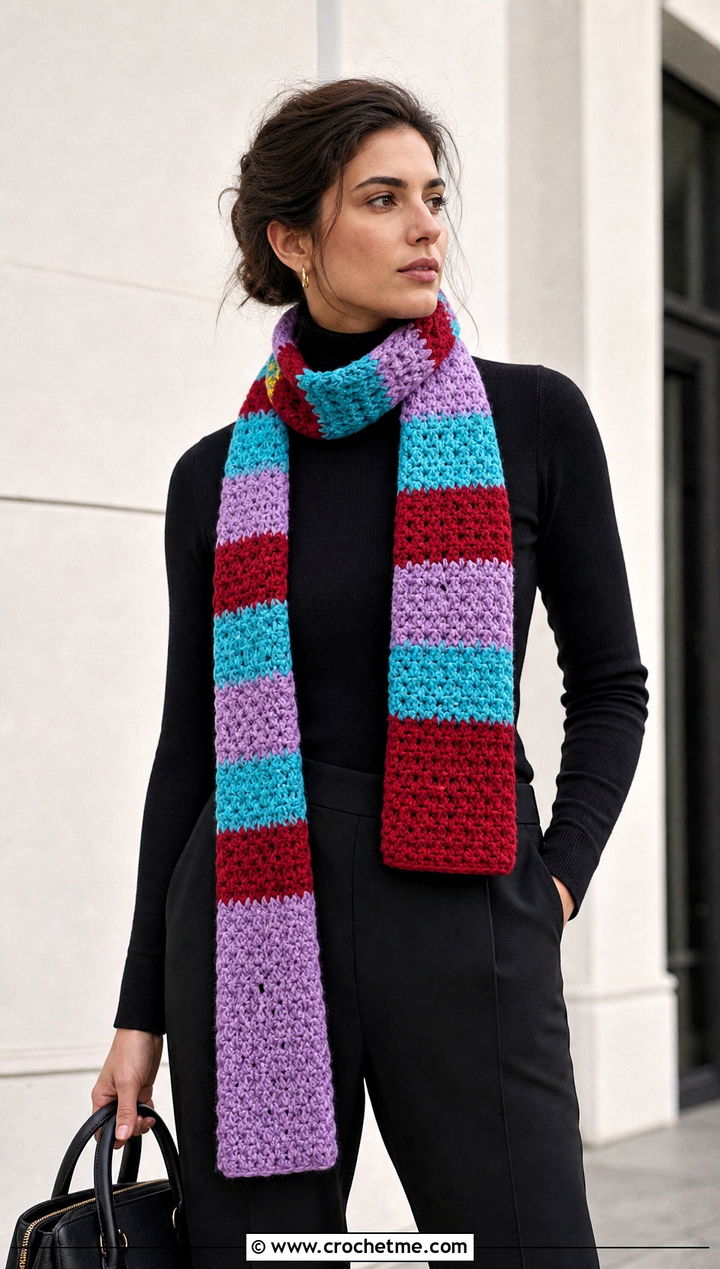 Striped Crochet Scarf With Monochrome Outfit - 25 Crochet For Beginners Scarf outfit ideas