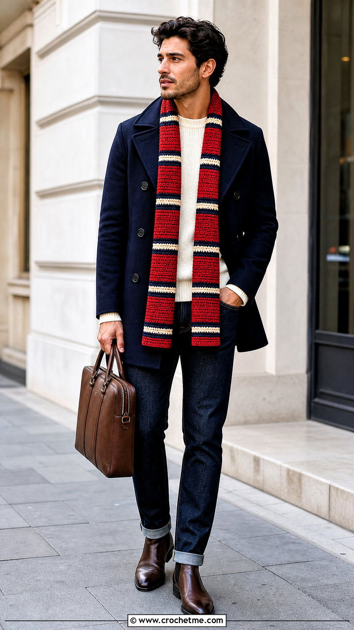 Striped Crochet Scarf With Navy Peacoat - 35 crochet scarf for men outfit ideas