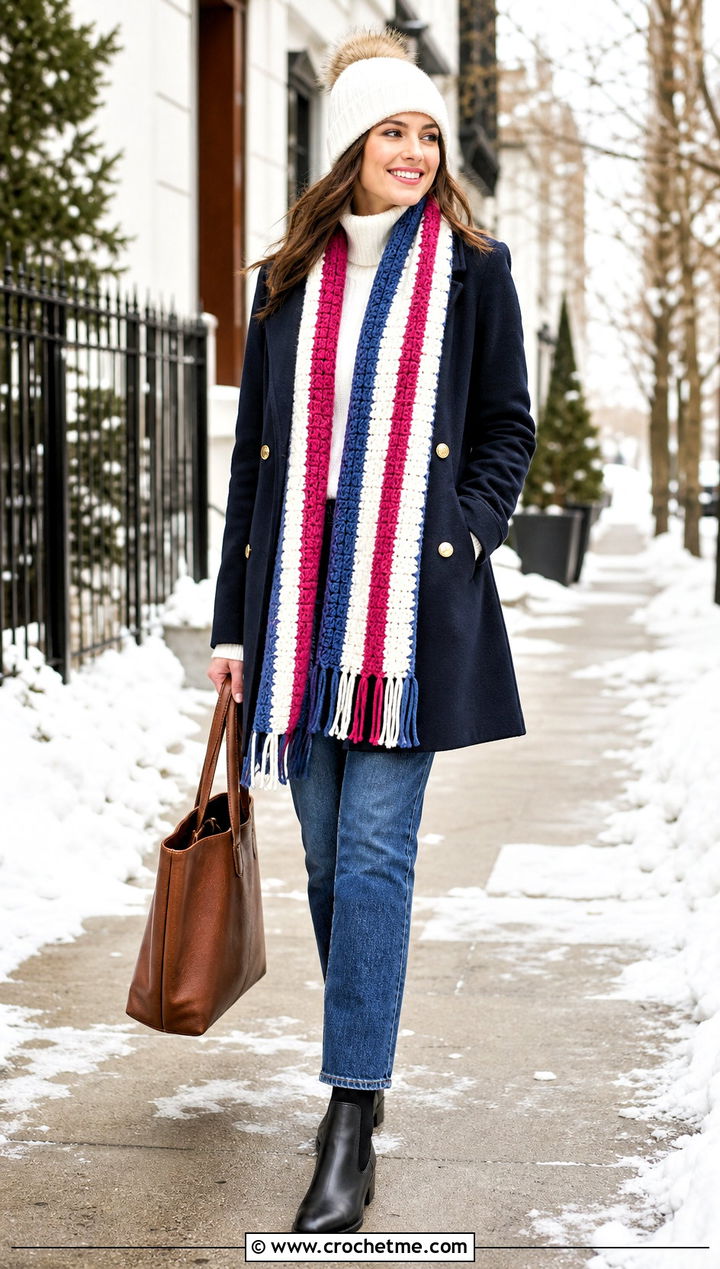 Striped Crochet Scarf With Peacoat And Straight Jeans - 35 easy crochet scarf for beginners outfit ideas
