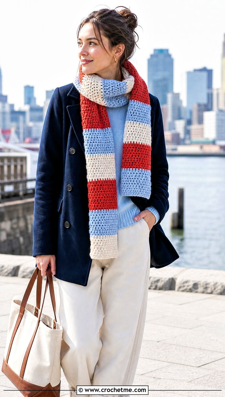 Striped Crochet Scarf With Peacoat And Trousers - 15 Winter Crochet Scarf Design outfit ideas