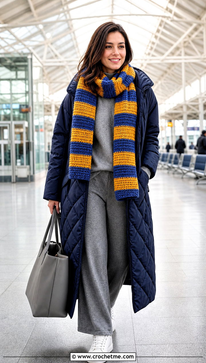 Striped Crochet Scarf With Quilted Coat and Knit Set - 35 Winter Crochet Scarf outfit ideas