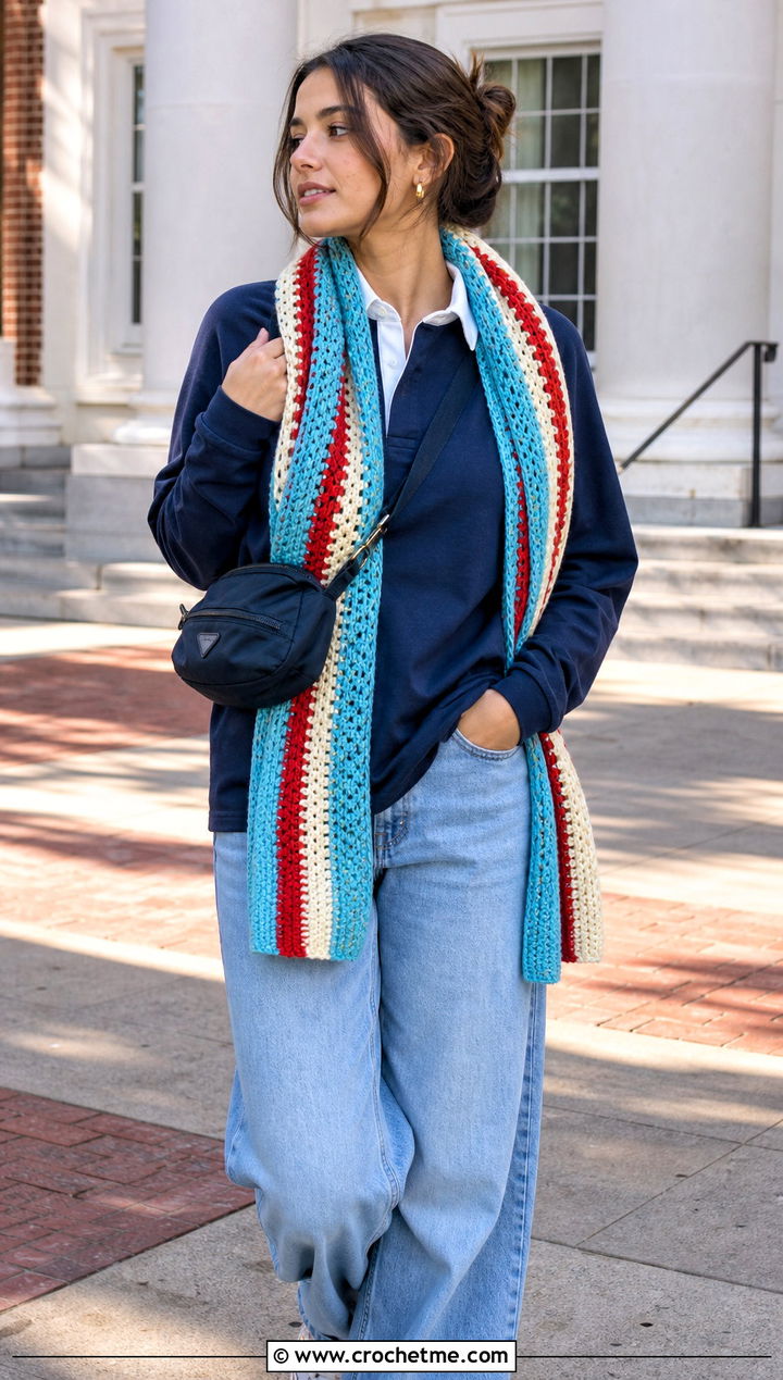 Striped Crochet Scarf With Rugby Shirt And Wide Leg Jeans - 25 pretty crochet scarf outfit ideas