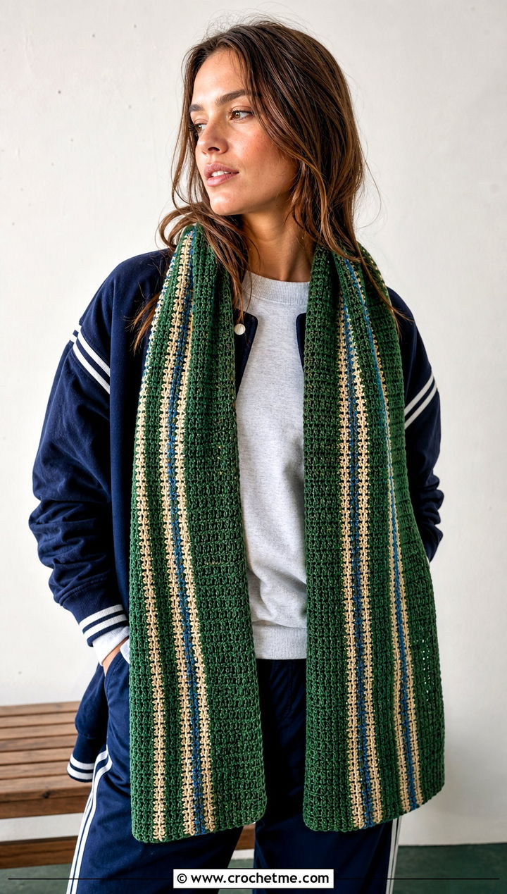 Striped Crochet Scarf With Track Pants - 25 Beautiful Crochet Scarf outfit ideas