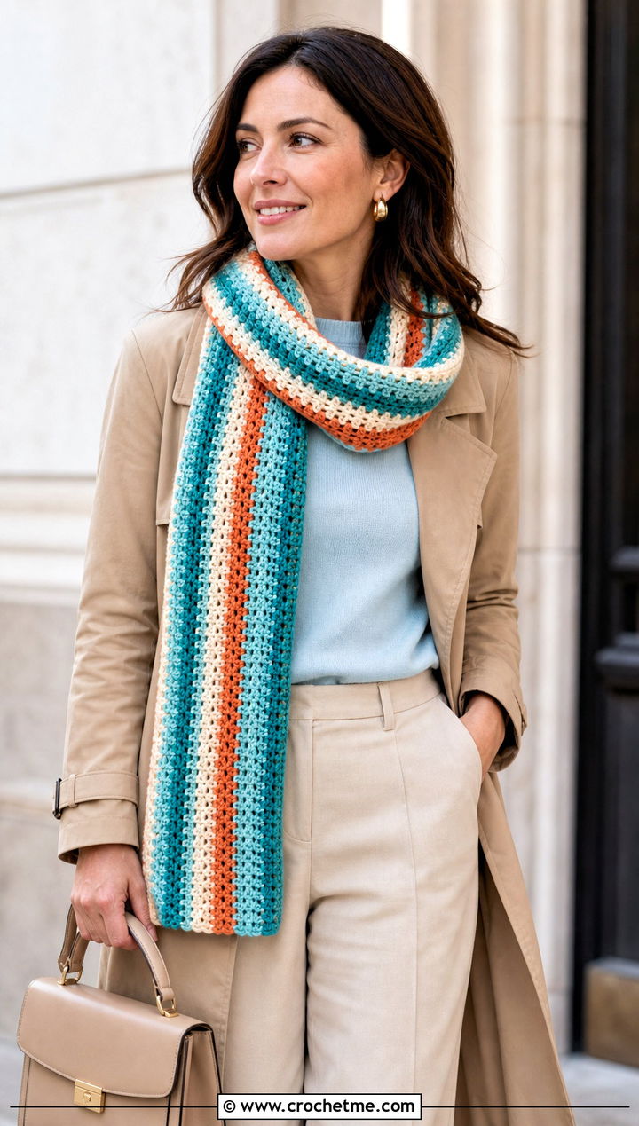 Striped Crochet Scarf With Trench Coat And Loafers - 25 super crochet scarf outfit ideas