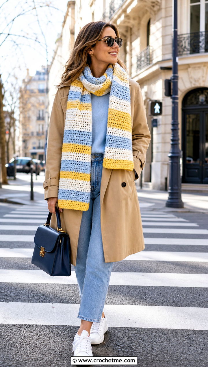 Striped Crochet Scarf With Trench Coat And Sneakers - 35 crochet scarves outfit ideas