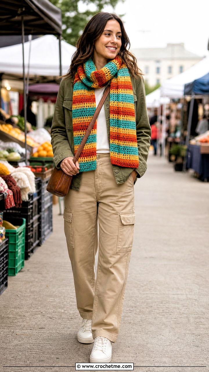Striped Crochet Scarf With Utility Jacket And Cargo Pants - 35 quick crochet scarf outfit ideas