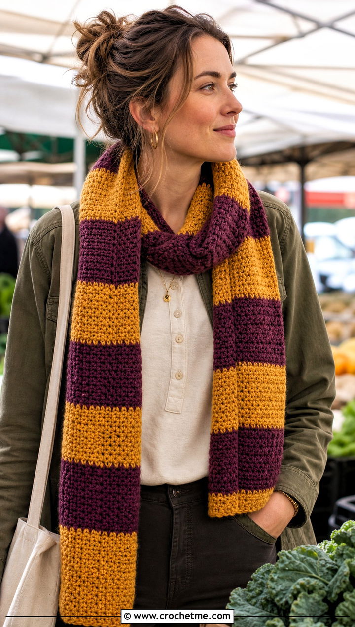 Striped Crochet Scarf With Utility Jacket And Wide Leg Pants - 15 Vibrant Crochet Scarf outfit ideas