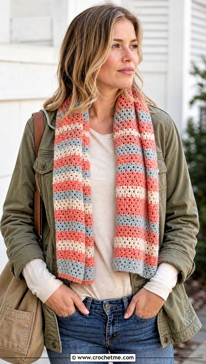 Striped Crochet Scarf With Utility Jacket - 25 crochet scarf design ideas
