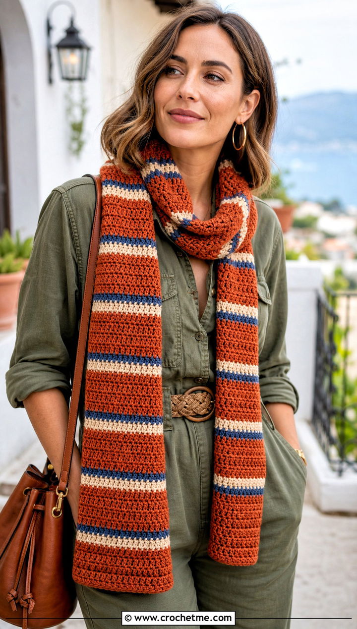 Striped Crochet Scarf With Utility Jumpsuit - 25 boho crochet scarf outfit ideas
