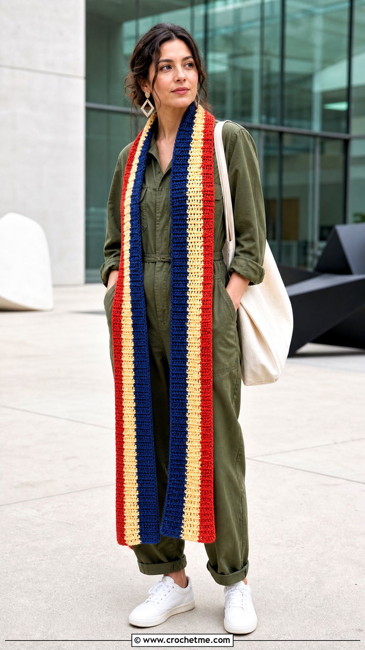 Striped Crochet Scarf With Utility Jumpsuit - 35 crochet scarf ideas