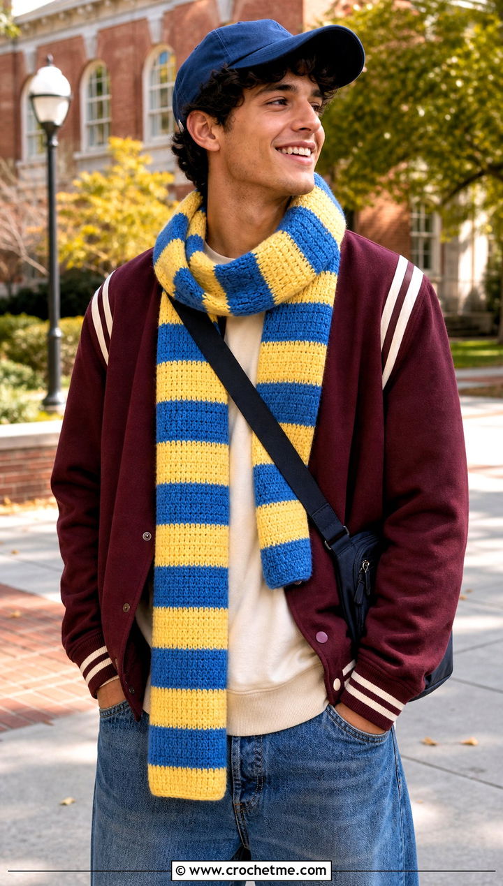 Striped Crochet Scarf With Varsity Jacket - 30 male crochet scarf outfit ideas