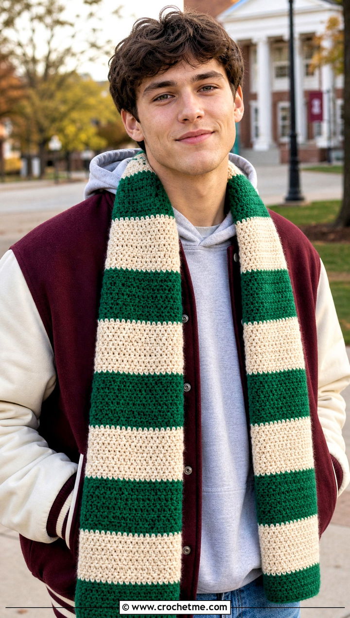 Striped Crochet Scarf With Varsity Jacket - 30 Mens Crochet Scarf outfit ideas