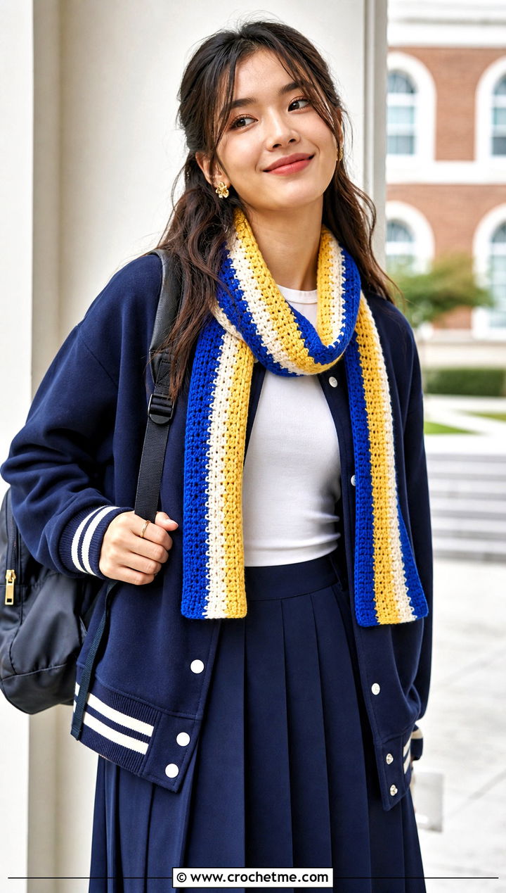 Striped Crochet Scarf With Varsity Jacket - 30 unique crochet scarf outfit ideas