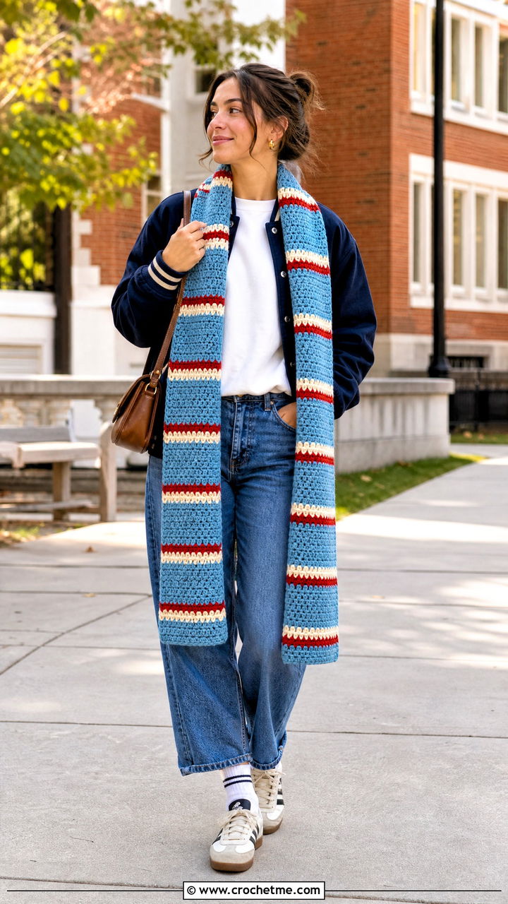 Striped Crochet Scarf With Varsity Jacket - 35 easy crochet scarves outfit ideas