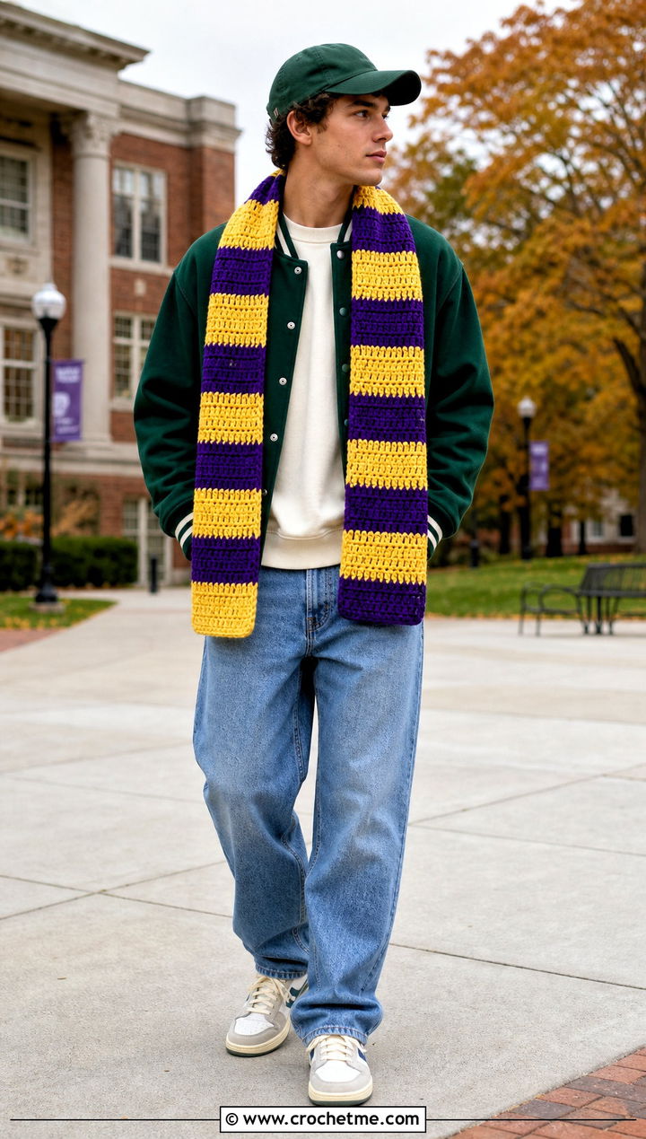 Striped Crochet Scarf With Varsity Jacket - 35 men crochet scarf outfit ideas