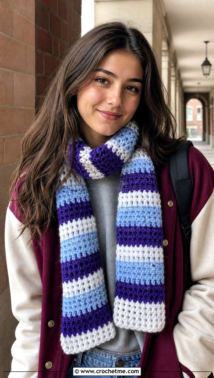 Striped Crochet Scarf With Varsity Jacket - 25 Multifunctional Crochet Scarf outfit ideas