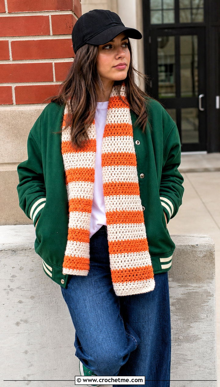 Striped Crochet Scarf With Varsity Jacket - 15 Crochet Unisex Scarf outfit ideas