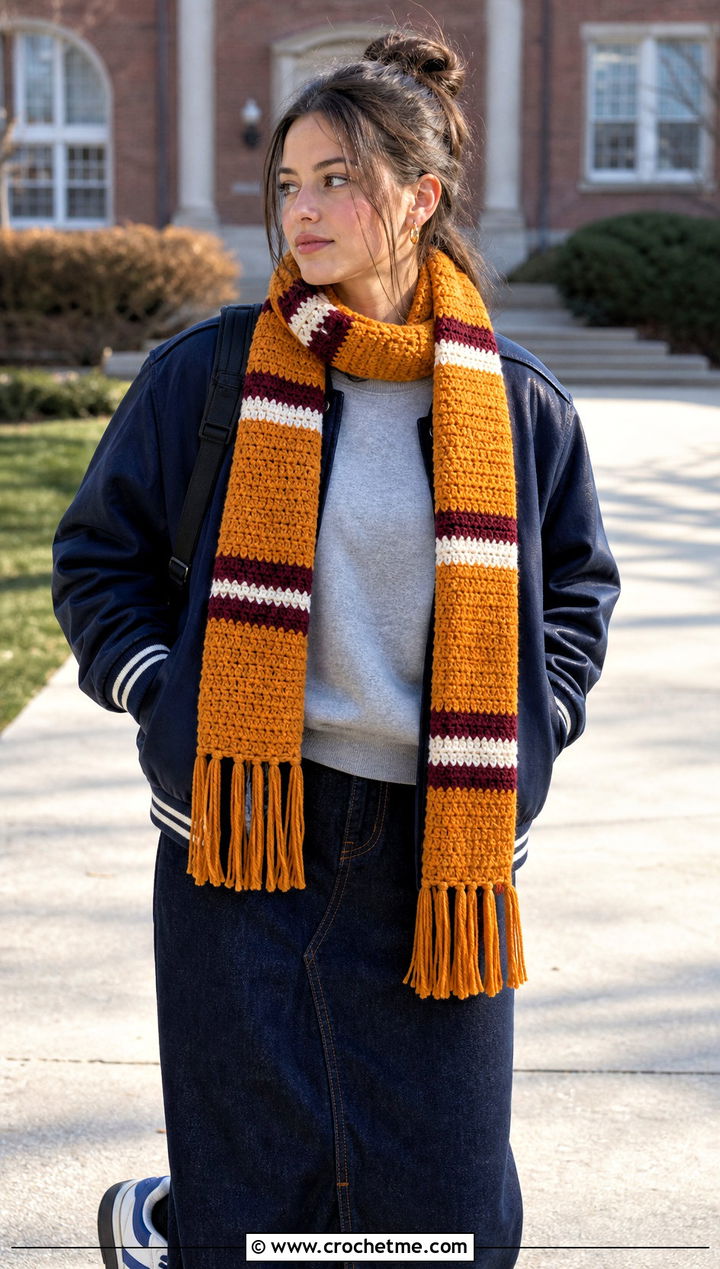 Striped Crochet Scarf With Varsity Jacket - 20 Crochet Textured Scarf outfit ideas