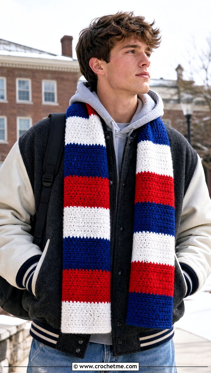 Striped Crochet Scarf With Varsity Jacket - 20 Mens Winter Crochet Scarf outfit ideas