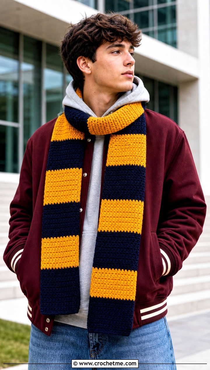Striped Crochet Scarf With Varsity Jacket - 30 crochet scarf ideas for men