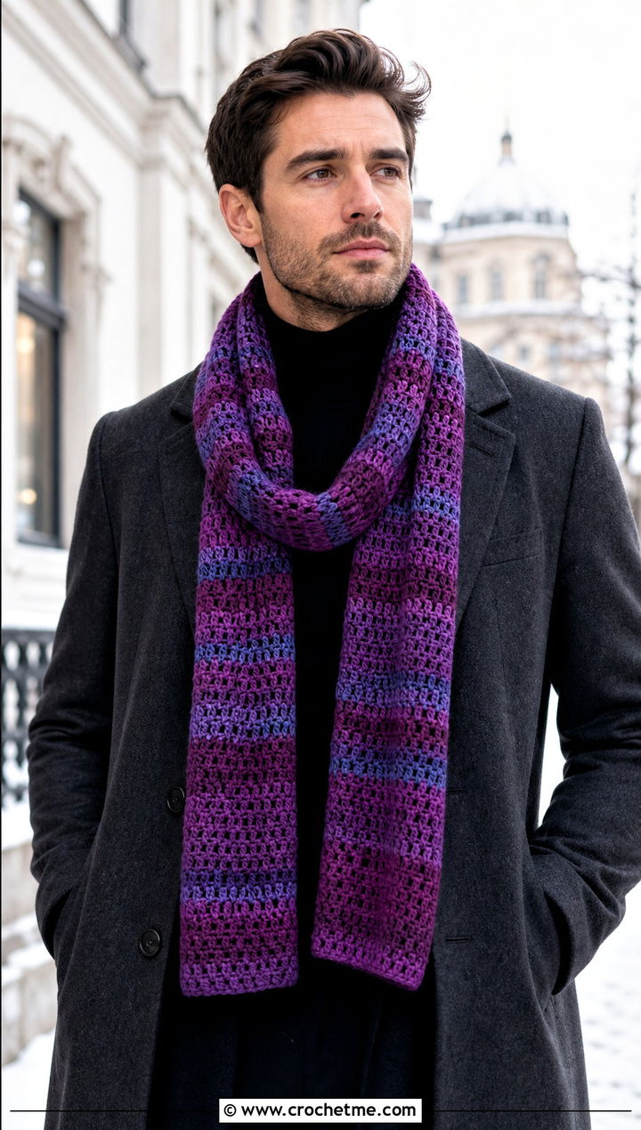 Striped Crochet Scarf With Wool Overcoat - 30 easy crochet scarf men outfit ideas