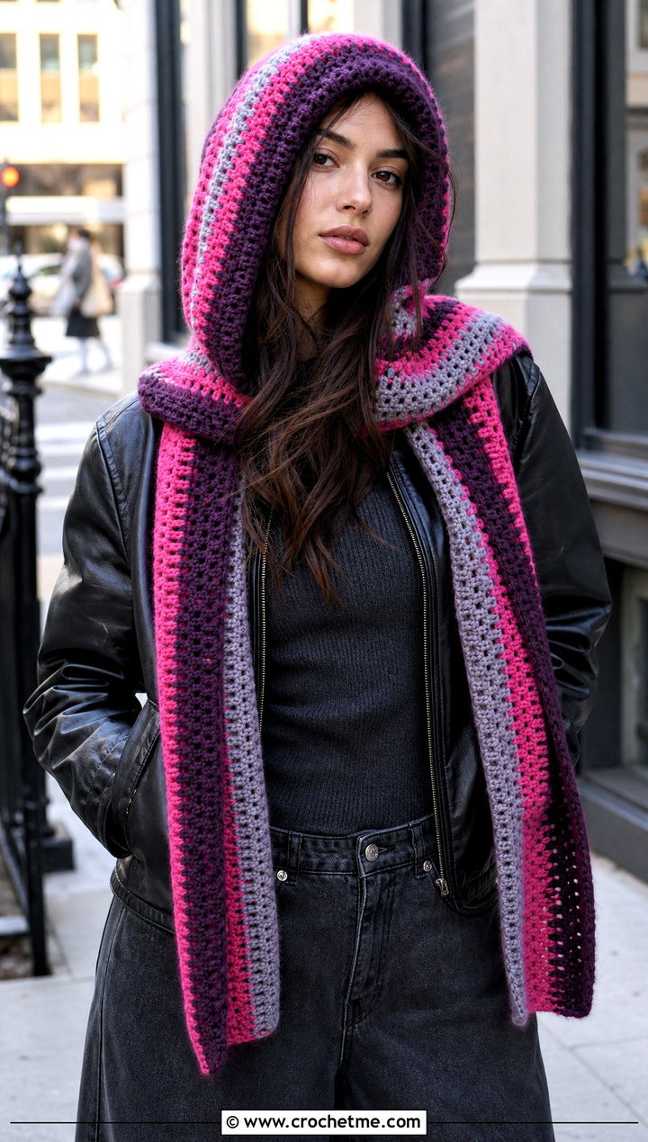 Striped Crochet Scoodie With Leather Jacket Outfit - 30 crochet scarf with hood outfit ideas