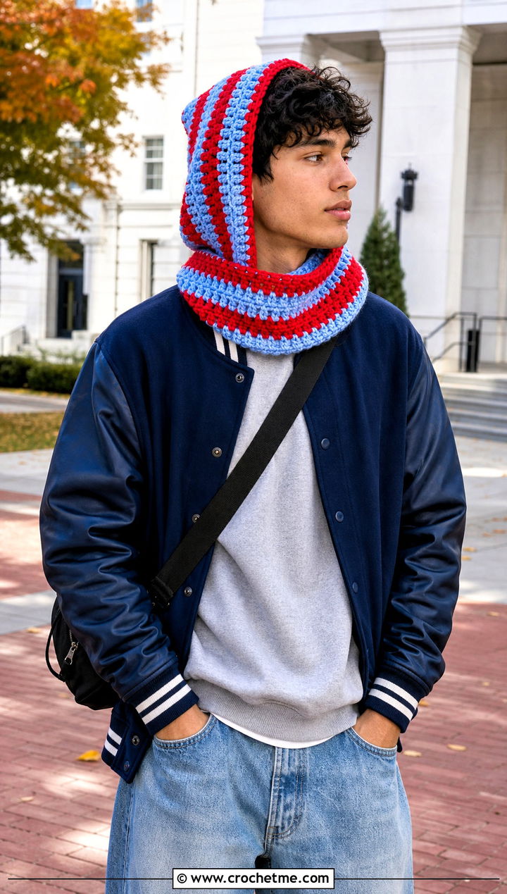 Striped Crochet Scoodie With Varsity Jacket - 20 Crochet Hooded Scarf For Men outfit ideas
