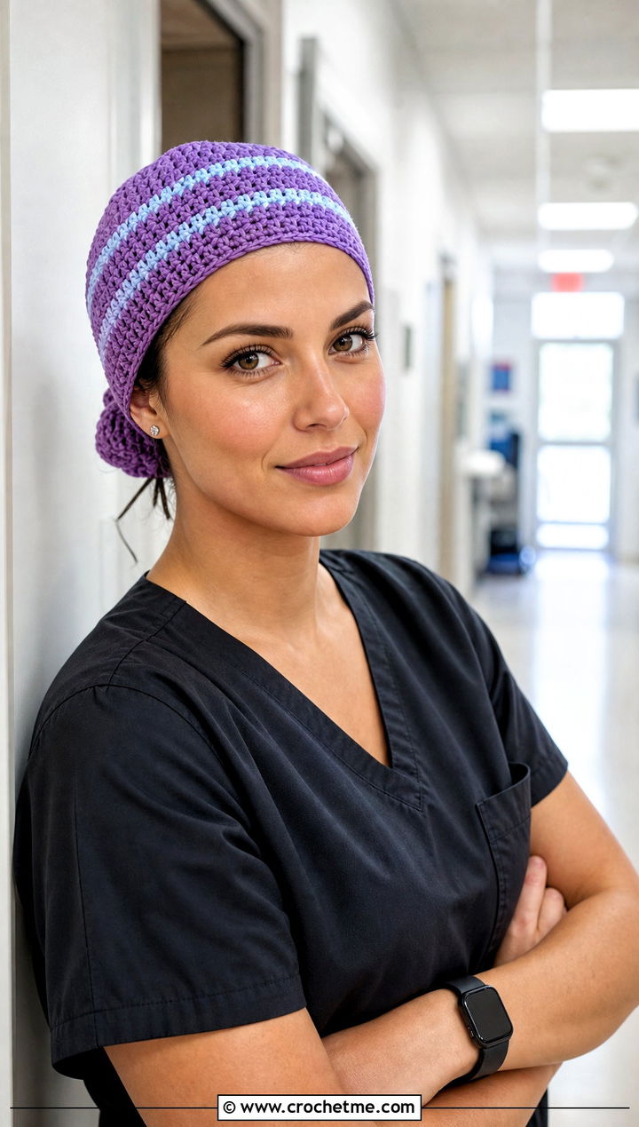 Striped Crochet Scrub Cap With Black Scrubs - 20 Crochet Scrub Cap outfit ideas