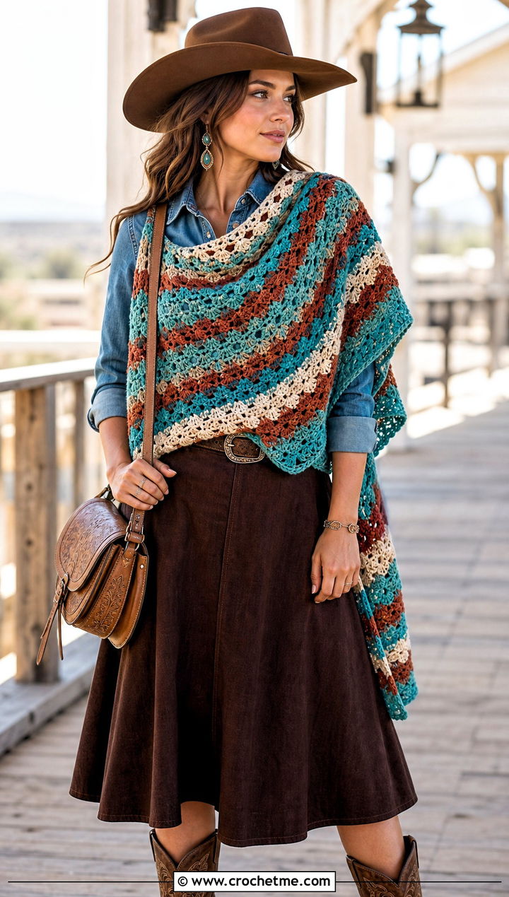 Striped Crochet Semi Circle Shawl With Western Outfit - 25 Crochet Semi Circle Shawl outfit ideas