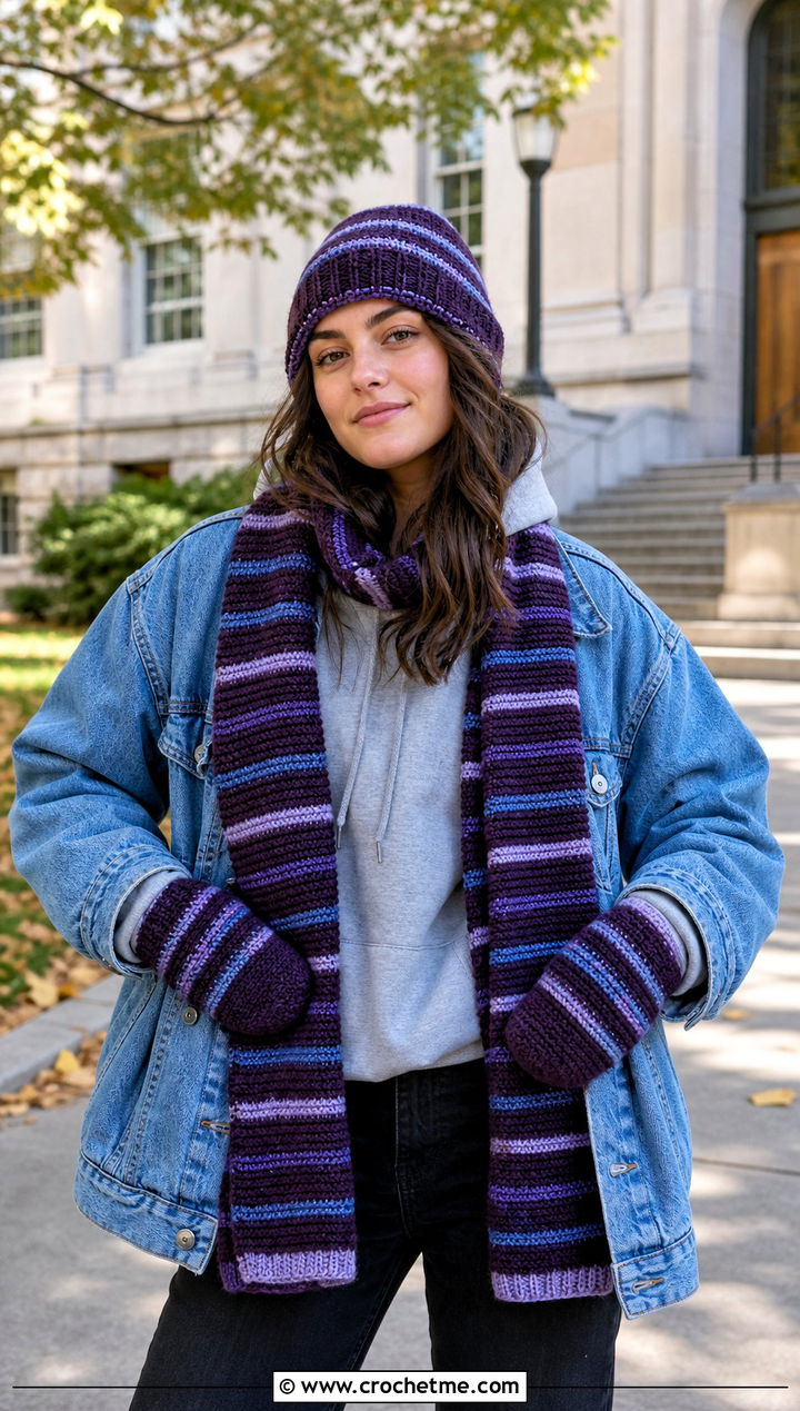 Striped Crochet Set With Denim Jacket And Hoodie - 20 Crochet Hat Mittens Scarf Set outfit ideas
