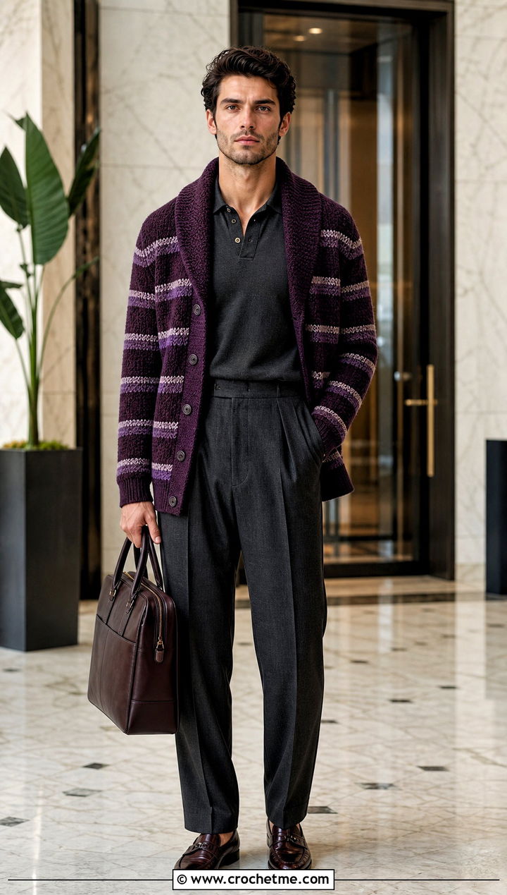 Striped Crochet Shawl Collar Cardigan With Pleated Trousers - 20 Mens Crochet Shawl Collar Cardigan outfit ideas