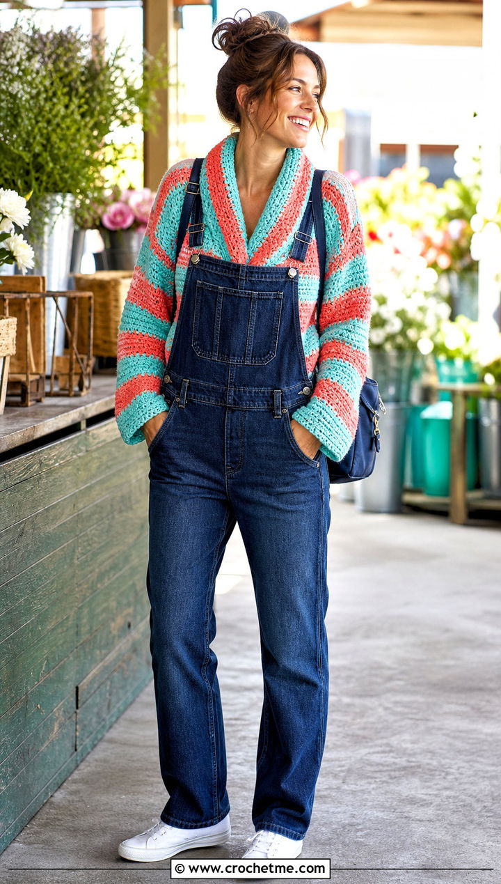 Striped Crochet Shawl Collar Sweater With Denim Overalls - 20 Crochet Shawl Collar Sweater outfit ideas