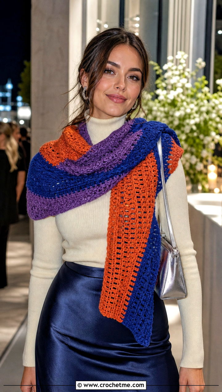 Striped Crochet Shawl Scarf With Satin Slip Skirt - 30 striped crochet scarf outfit ideas