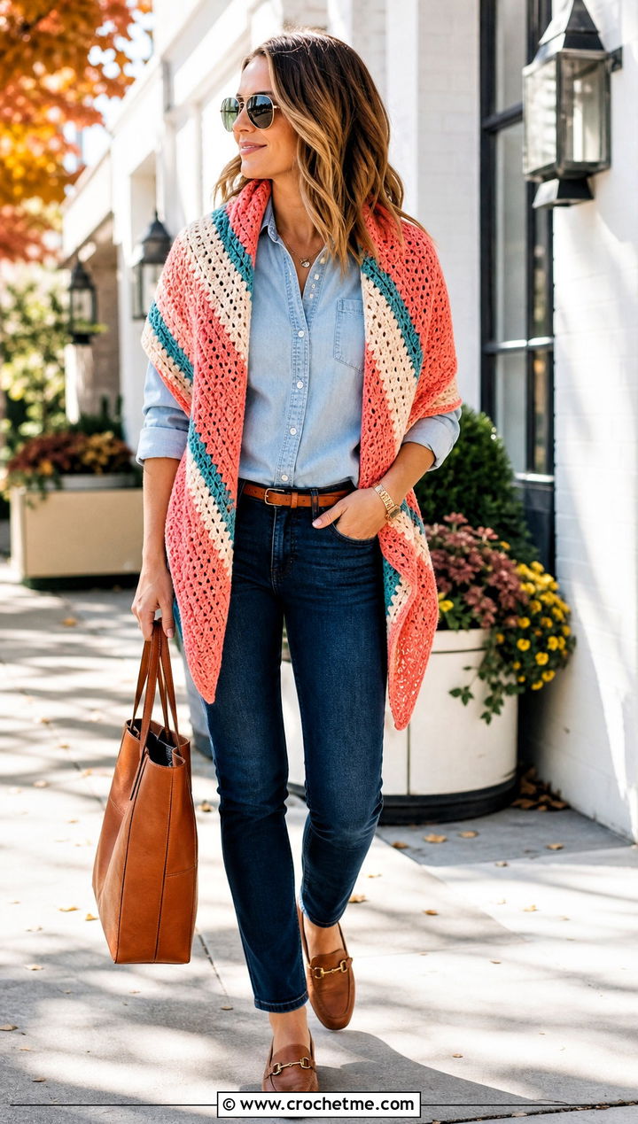 Striped Crochet Shawl With Double Denim - 25 Fall Crochet Shawl outfit ideas