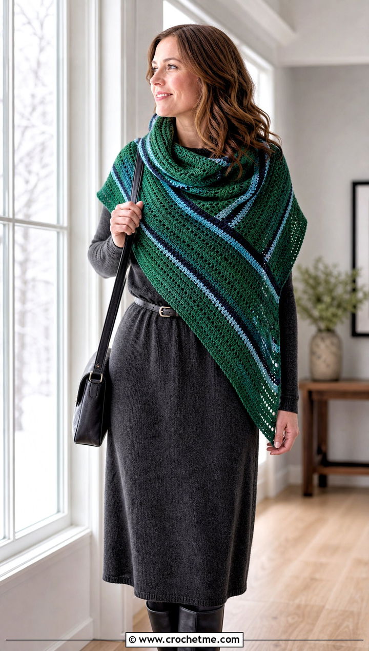 Striped Crochet Shawl With Knit Midi Dress - 30 winter crochet shawl outfit ideas