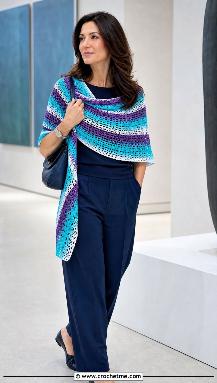 Striped Crochet Shawl With Monochrome Outfit - 25 Spring Crochet Shawl outfit ideas