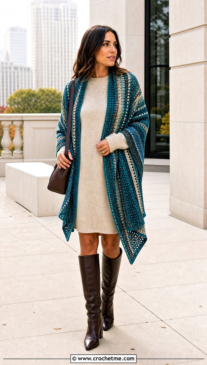 Striped Crochet Shawl With Sweater Dress And Tall Boots - 35 quick crochet shawl outfit ideas