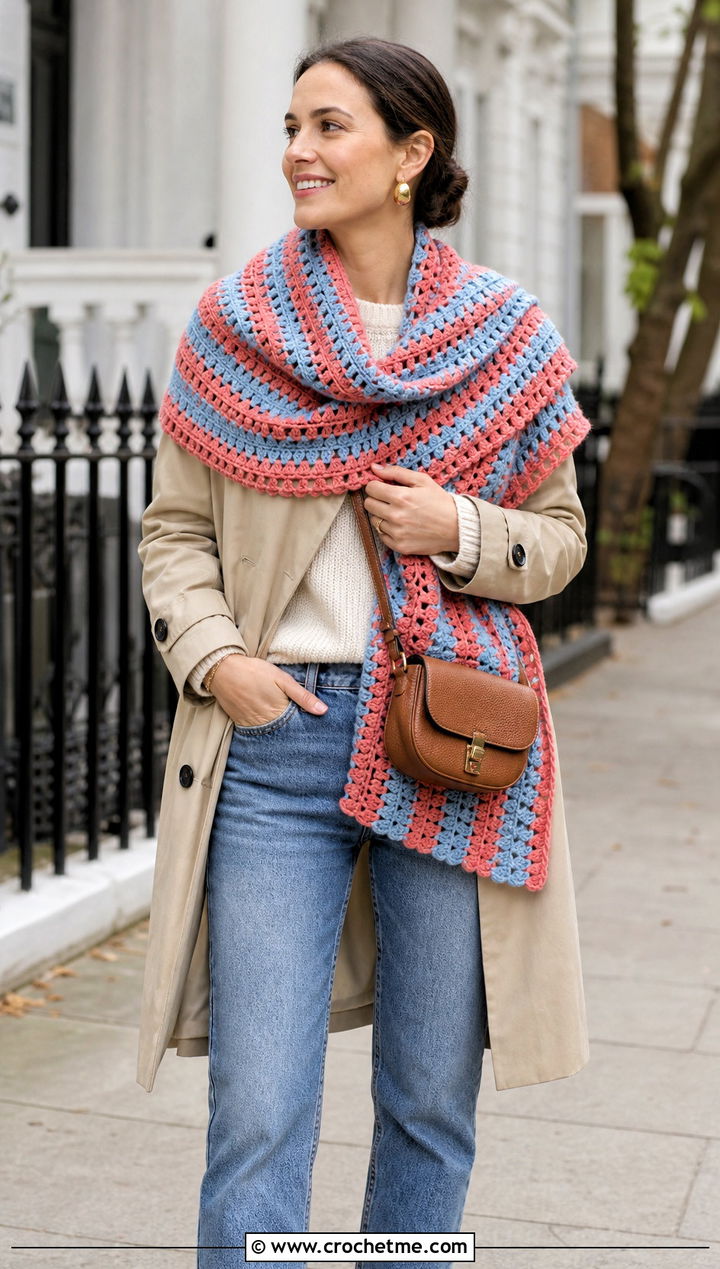 Striped Crochet Shawl With Trench Coat - 25 crochet for shawls outfit ideas