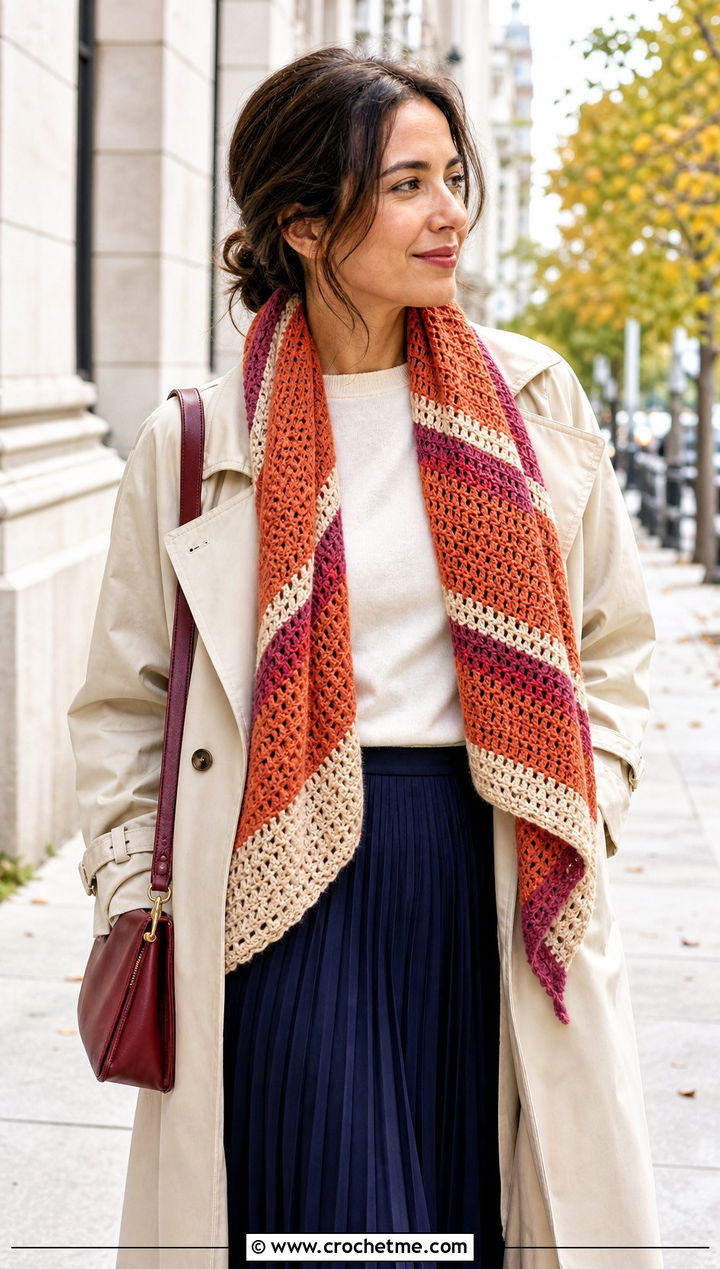Striped Crochet Shawl With Trench Coat And Midi Skirt - 15 Never Ending Crochet Shawl outfit ideas