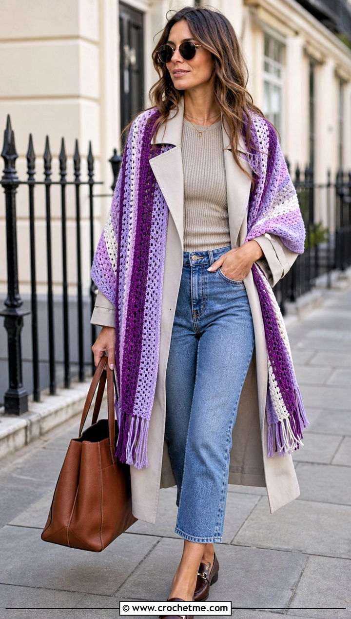 Striped Crochet Shawl With Trench Coat - 25 Crochet A Shawl outfit ideas