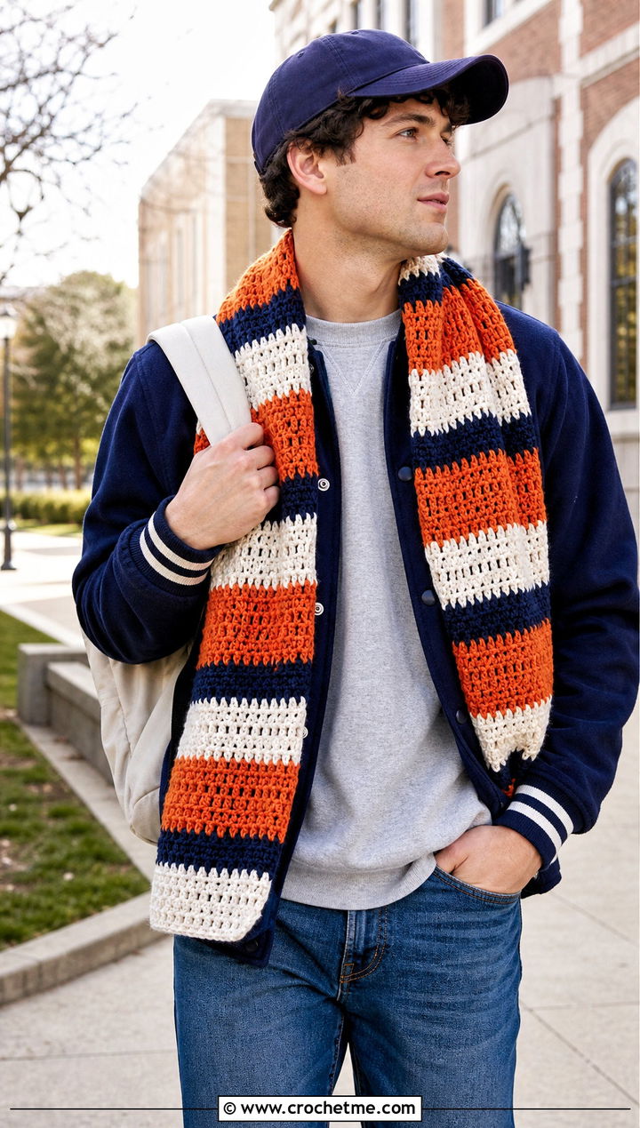 Striped Crochet Shawl With Varsity Jacket - 30 crochet shawl for men outfit ideas