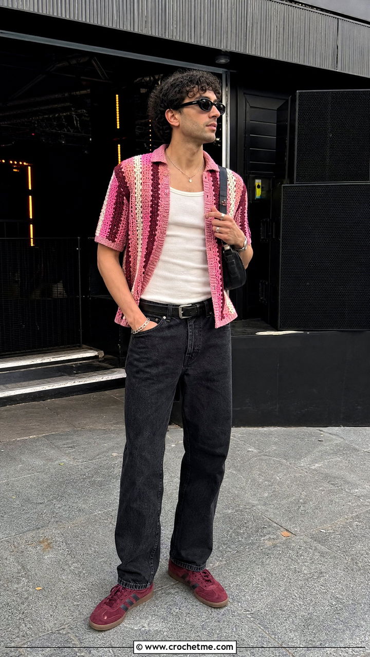 Striped Crochet Shirt With Black Denim - 35 crochet top men outfit ideas