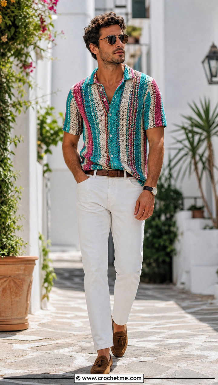 Striped Crochet Shirt With White Jeans - 30 Mens Crochet Outfit ideas
