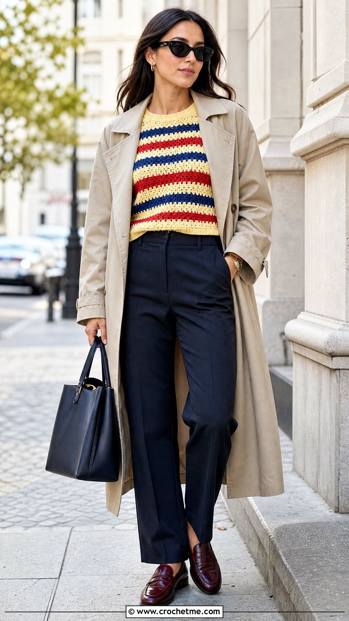 Striped Crochet Short Sleeve Sweater Top With Trench Coat - 35 striped crochet top outfit ideas