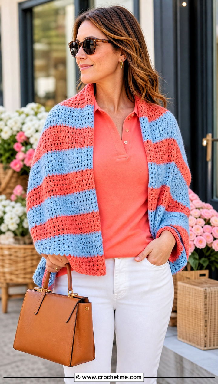 Striped Crochet Shoulder Shawl With White Jeans - 25 Crochet Shoulder Shawl outfit ideas