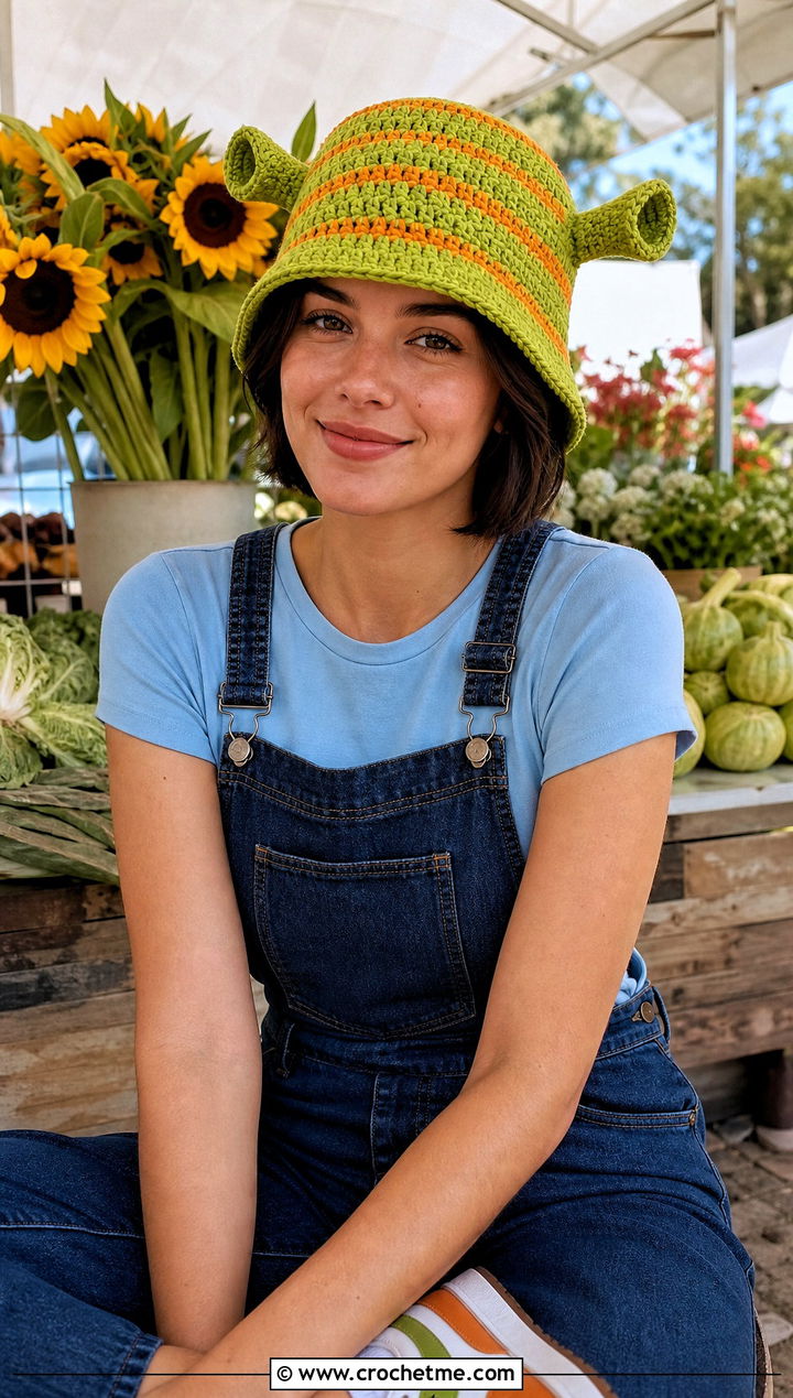 Striped Crochet Shrek Bucket Hat With Overalls - 15 Crochet Shrek Bucket Hat outfit ideas
