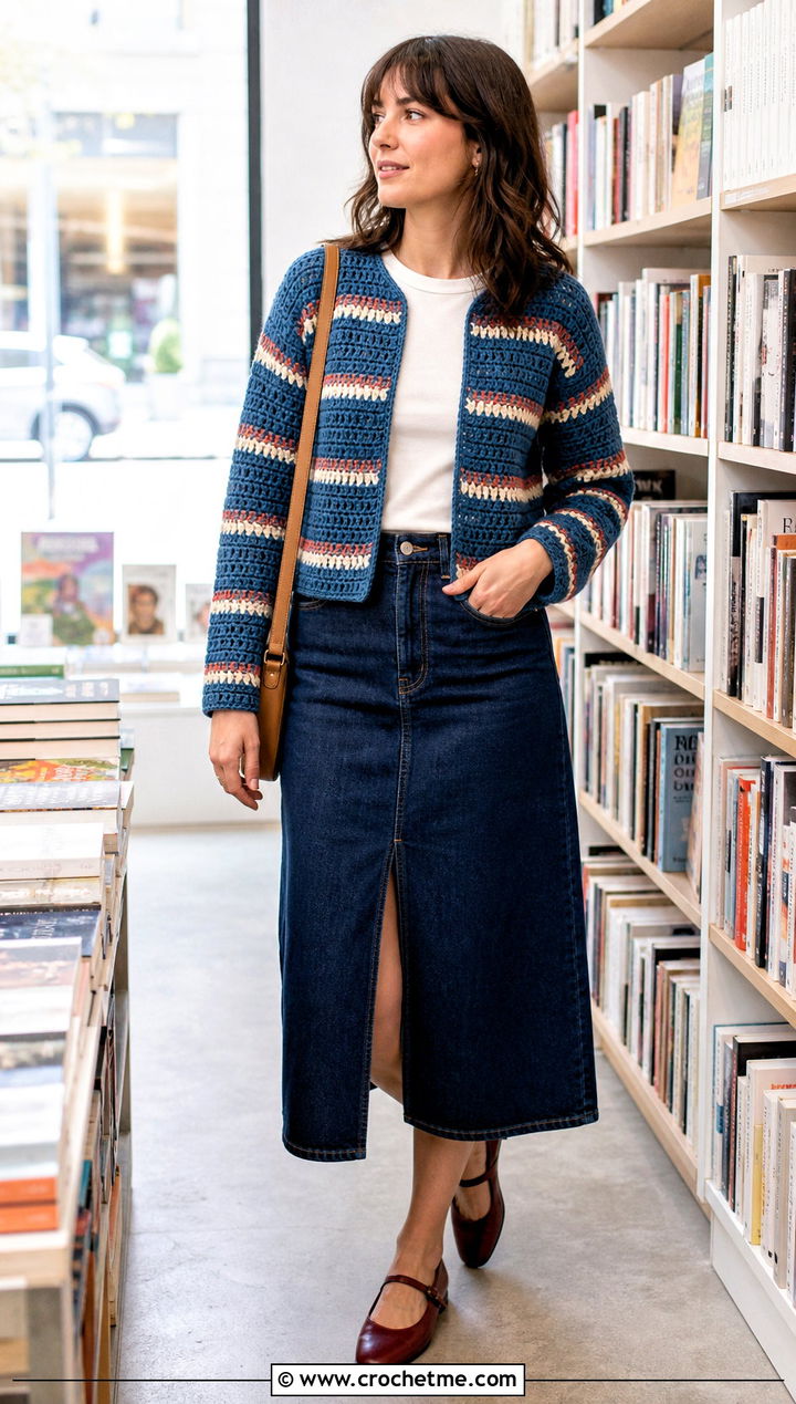Striped Crochet Shrug With Denim Midi Skirt - 30 easy simple crochet shrug outfit ideas