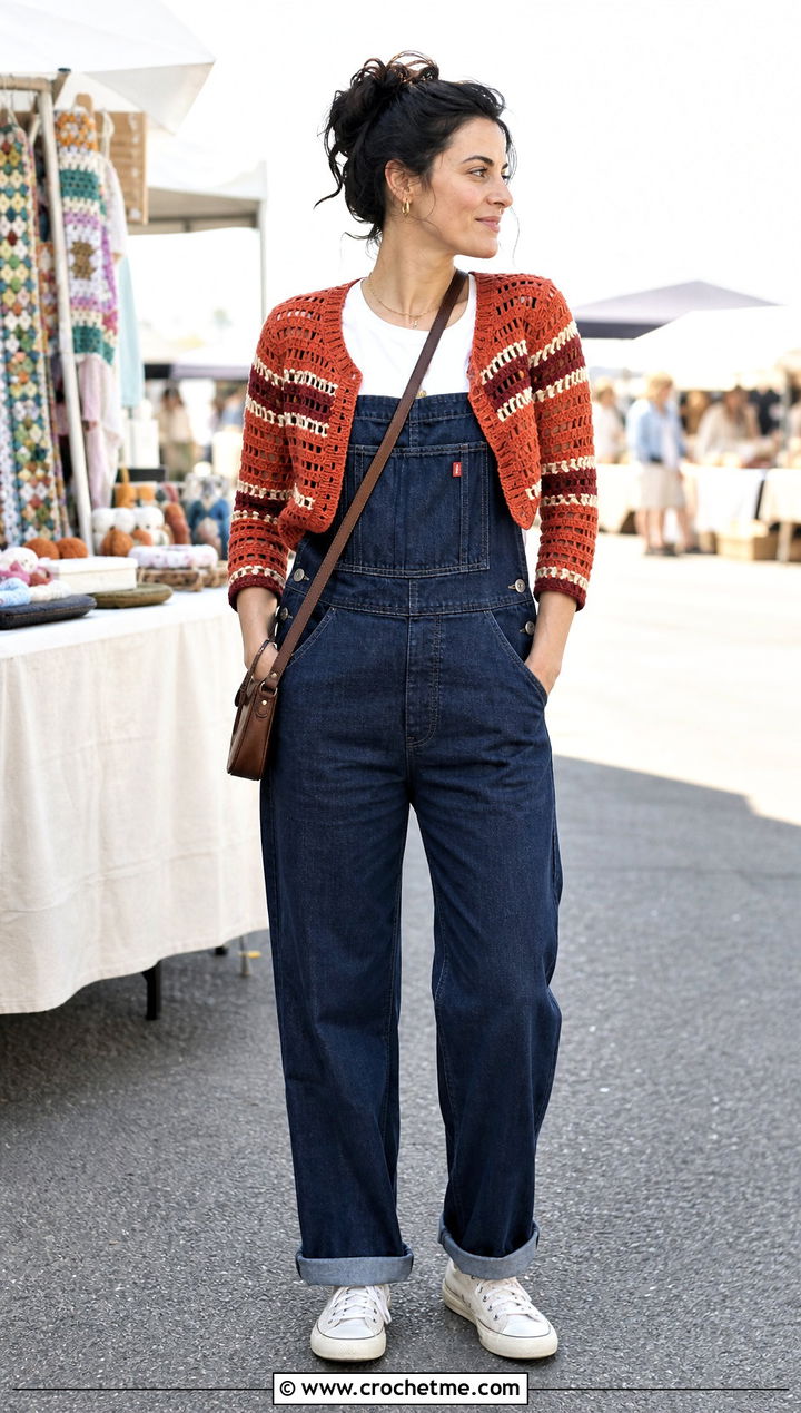 Striped Crochet Shrug With Denim Overalls - 25 Crochet Shrug Cardigan outfit ideas