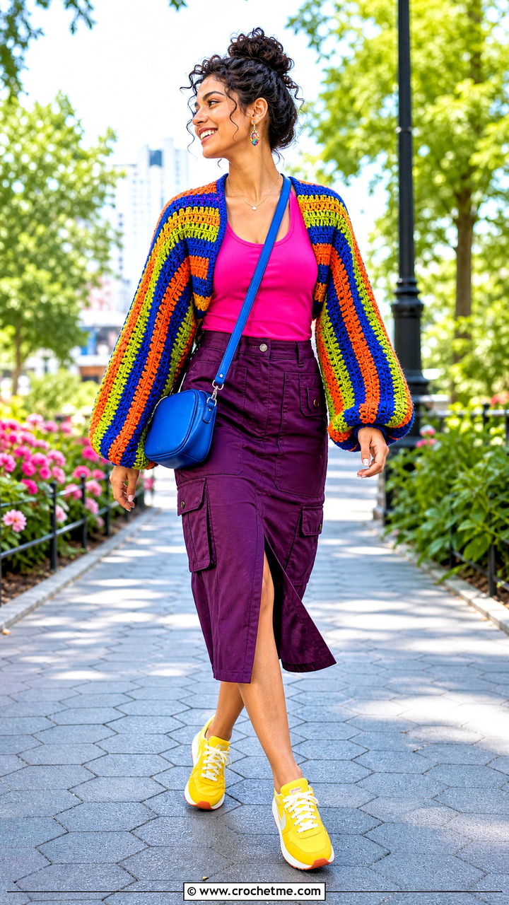 Striped Crochet Shrug With Utility Skirt - 35 crochet shrug outfit ideas